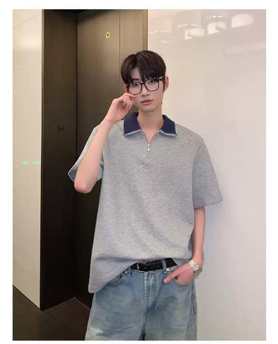 Cui Contrast Collar Half-Zipped T-Shirt-korean-fashion-T-Shirt-Cui's Closet-OH Garments