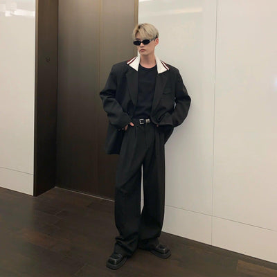 Cui Contrast Collar Wide Shoulder Blazer & Pants Set-korean-fashion-Clothing Set-Cui's Closet-OH Garments