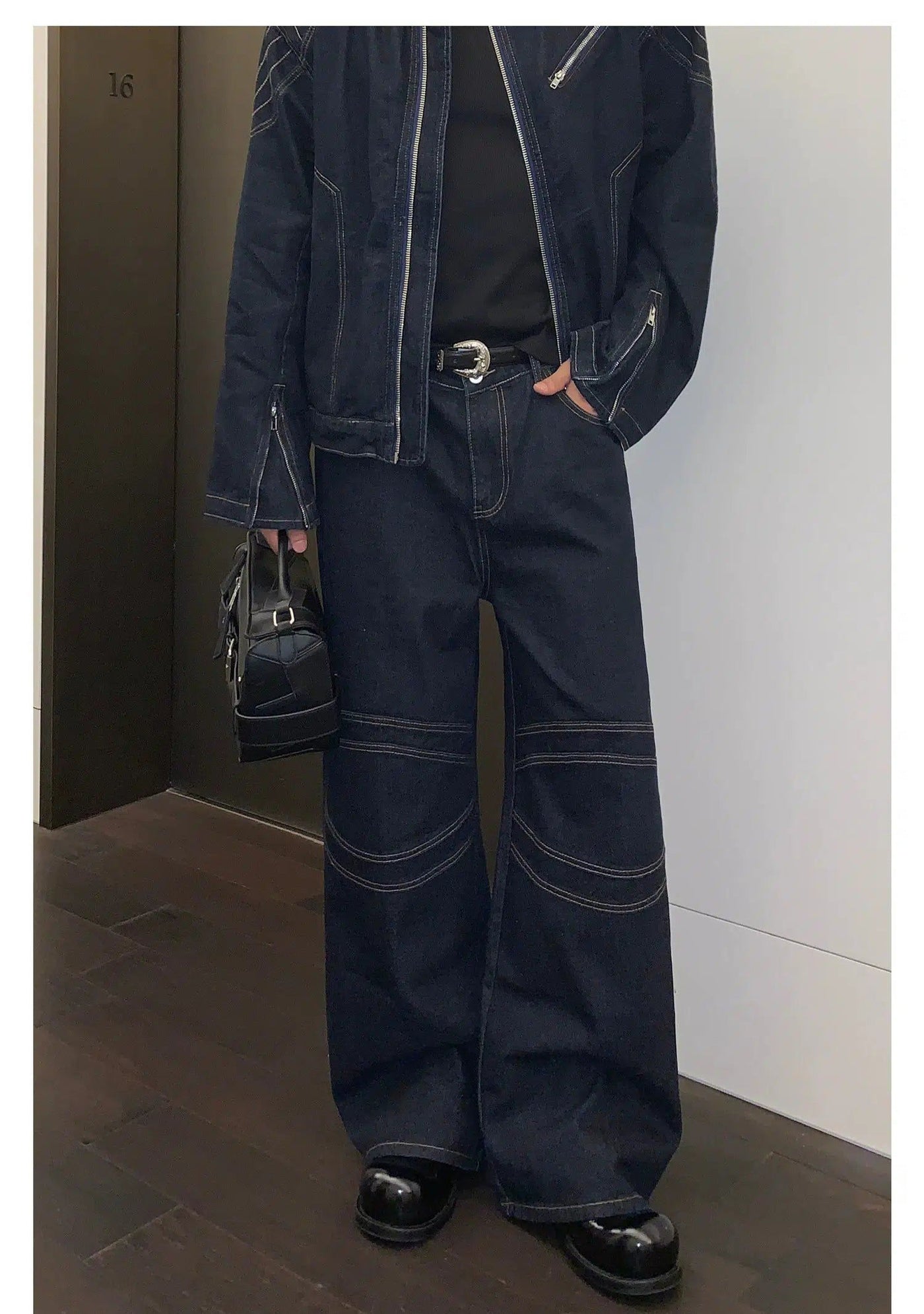 Cui Contrast Stitched Denim Jacket & Fringed Pocket Jeans Set-korean-fashion-Clothing Set-Cui's Closet-OH Garments