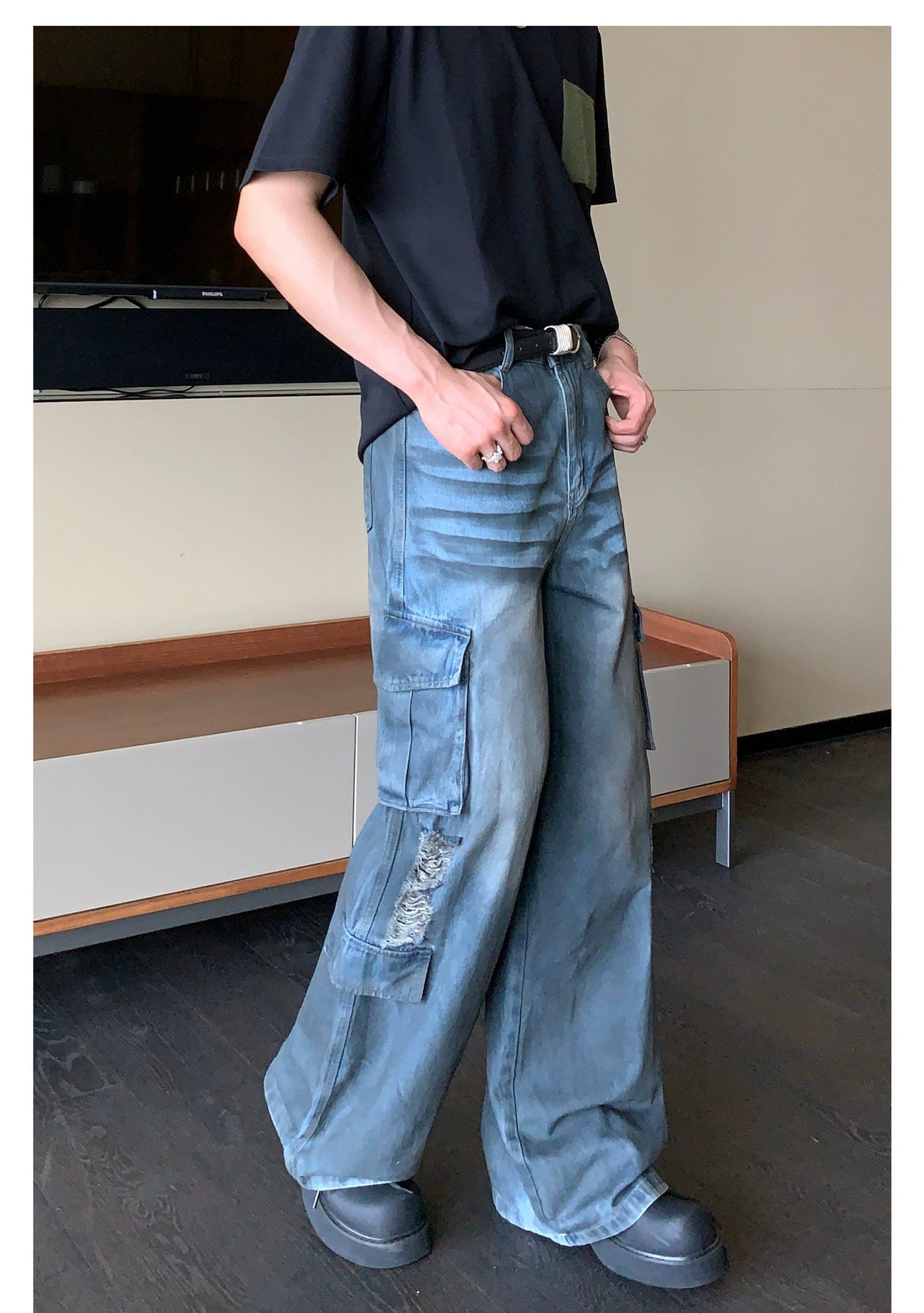 Cui Distressed and Smudged Cargo Jeans-korean-fashion-Jeans-Cui's Closet-OH Garments