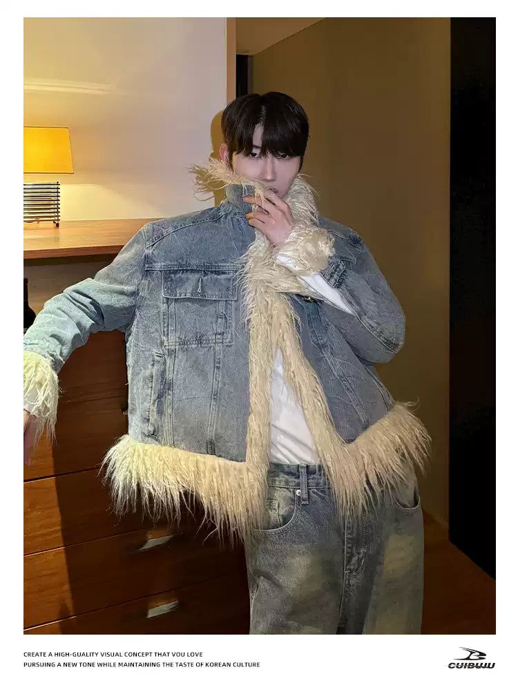 Cui Distressed Fur Trimmed Denim Jacket-korean-fashion-Jacket-Cui's Closet-OH Garments