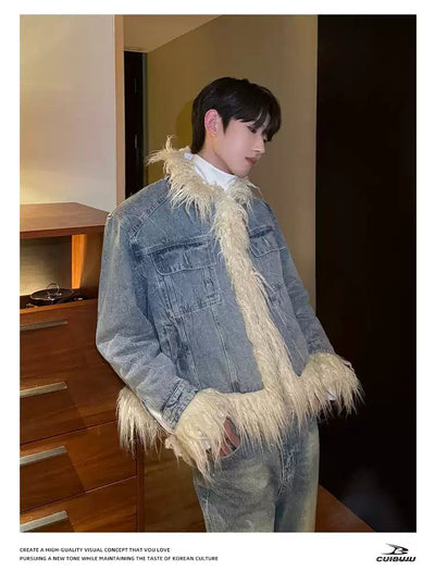 Cui Distressed Fur Trimmed Denim Jacket-korean-fashion-Jacket-Cui's Closet-OH Garments