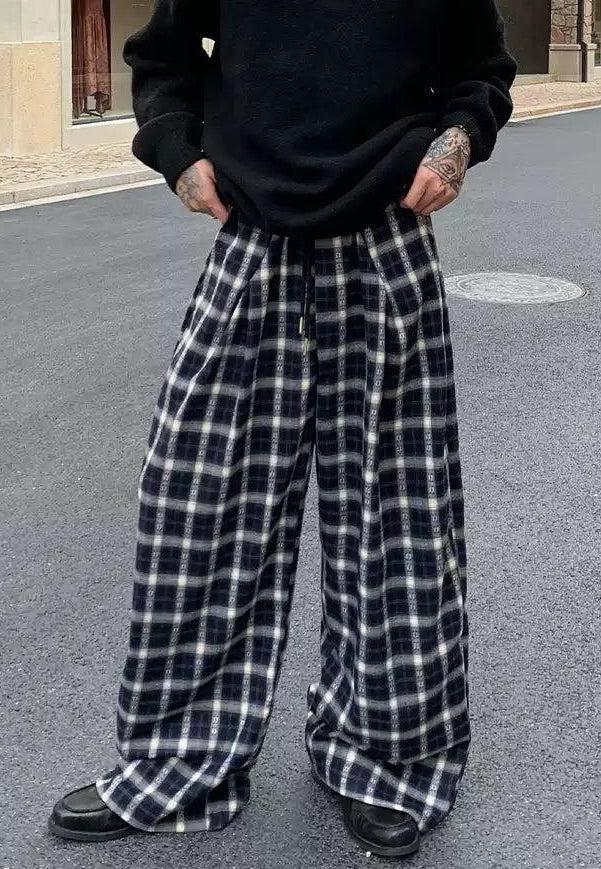 Cui Drawcord Check Wide Pants-korean-fashion-Pants-Cui's Closet-OH Garments