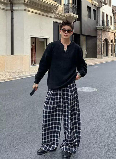Cui Drawcord Check Wide Pants-korean-fashion-Pants-Cui's Closet-OH Garments
