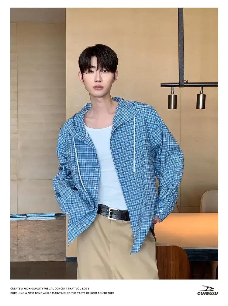 Cui Drawstring Checkered Hooded Shirt-korean-fashion-Shirt-Cui's Closet-OH Garments