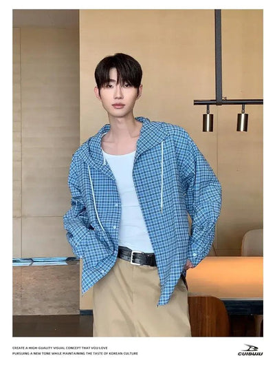 Cui Drawstring Checkered Hooded Shirt-korean-fashion-Shirt-Cui's Closet-OH Garments