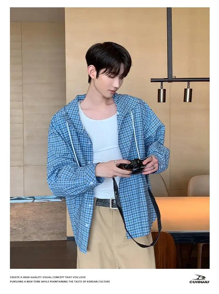 Cui Drawstring Checkered Hooded Shirt-korean-fashion-Shirt-Cui's Closet-OH Garments
