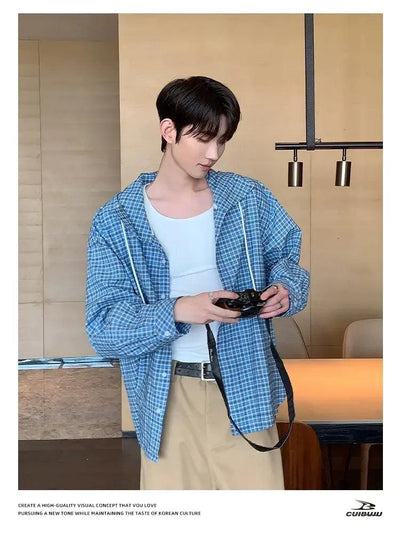 Cui Drawstring Checkered Hooded Shirt-korean-fashion-Shirt-Cui's Closet-OH Garments