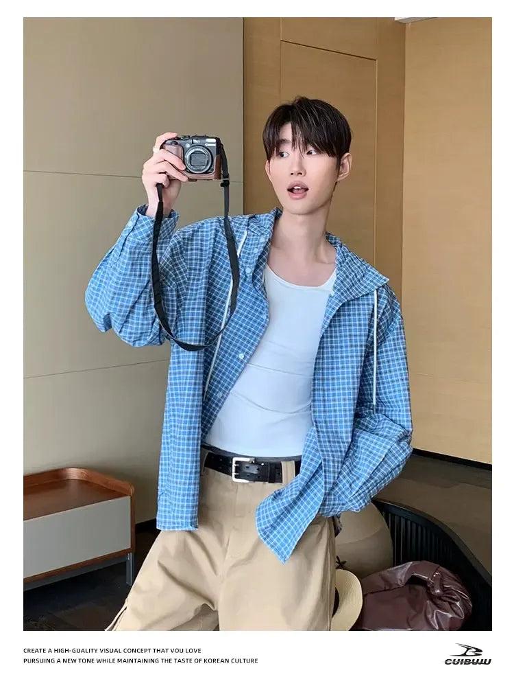 Cui Drawstring Checkered Hooded Shirt-korean-fashion-Shirt-Cui's Closet-OH Garments