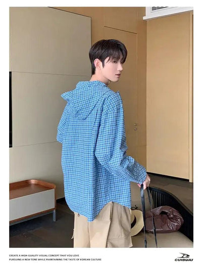 Cui Drawstring Checkered Hooded Shirt-korean-fashion-Shirt-Cui's Closet-OH Garments
