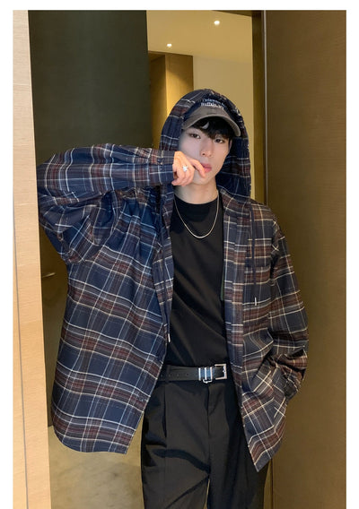 Cui Drawstring Plaid Hooded Shirt-korean-fashion-Shirt-Cui's Closet-OH Garments