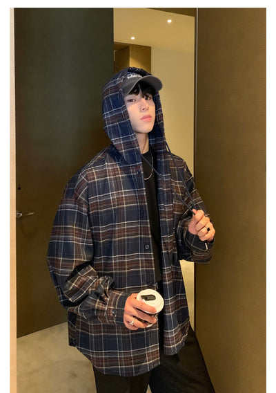 Cui Drawstring Plaid Hooded Shirt-korean-fashion-Shirt-Cui's Closet-OH Garments