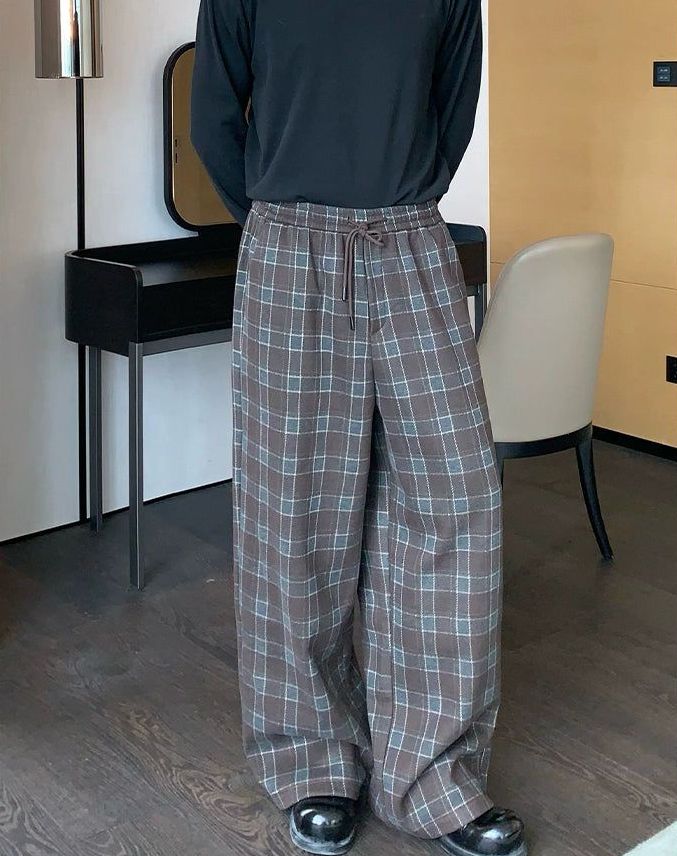 Cui Drawstring Plaid Pattern Wide Pants-korean-fashion-Pants-Cui's Closet-OH Garments