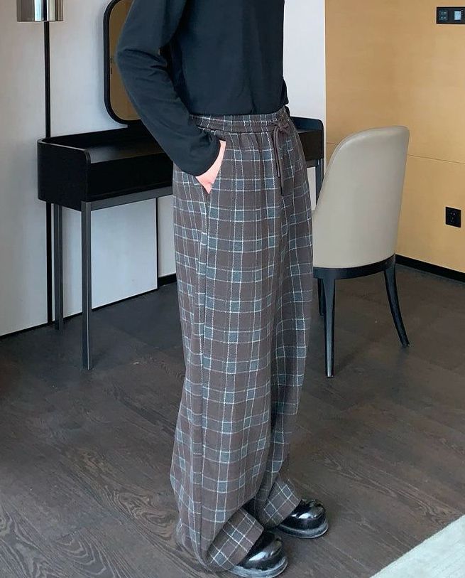 Cui Drawstring Plaid Pattern Wide Pants-korean-fashion-Pants-Cui's Closet-OH Garments