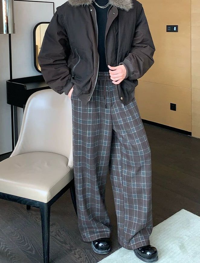 Cui Drawstring Plaid Pattern Wide Pants-korean-fashion-Pants-Cui's Closet-OH Garments