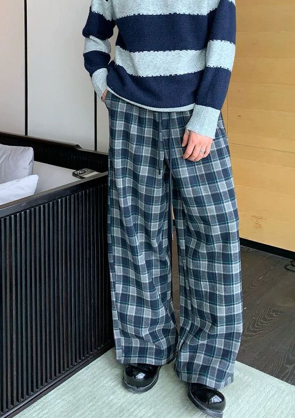 Cui Drawstring Plaid Wide Pants-korean-fashion-Pants-Cui's Closet-OH Garments