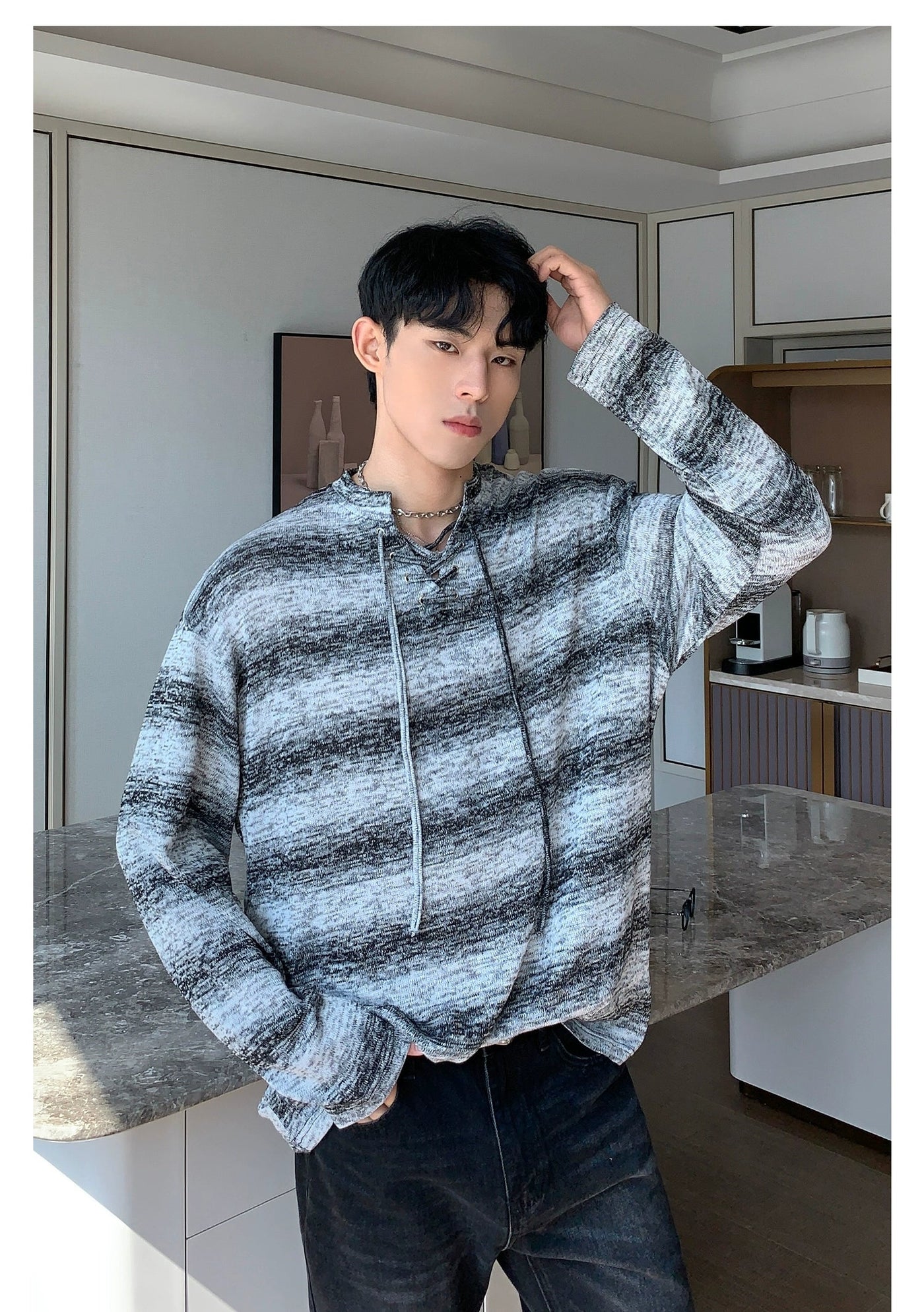 Cui Drawstring Striped Knit Long Sleeve T-Shirt-korean-fashion-T-Shirt-Cui's Closet-OH Garments