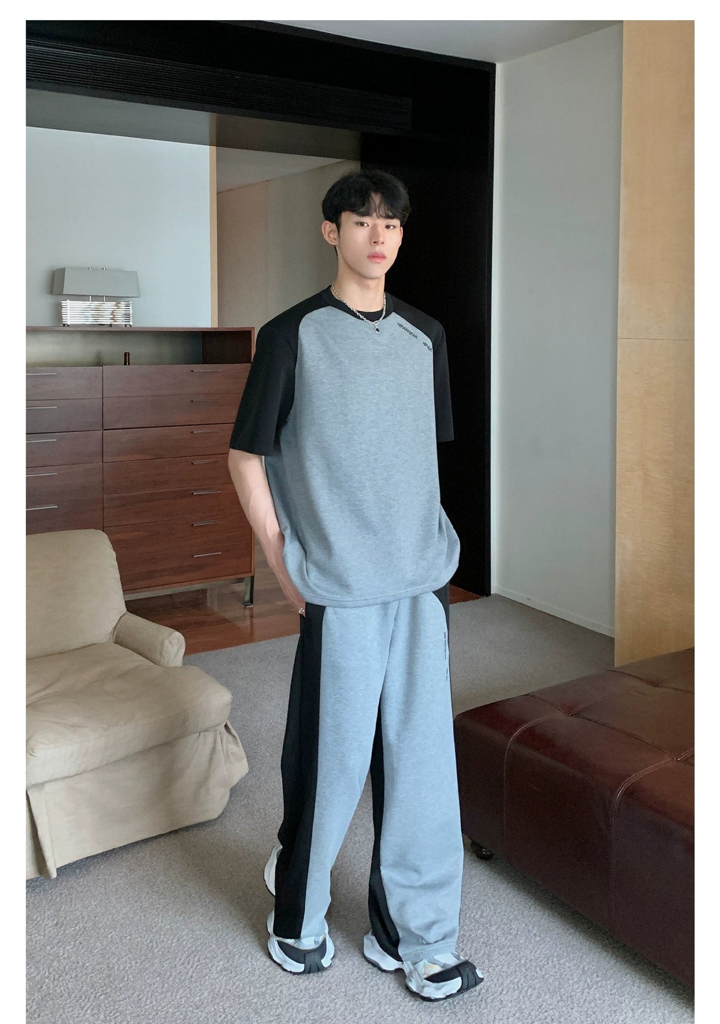 Cui Duotone Spliced Gartered Sweatpants-korean-fashion-Pants-Cui's Closet-OH Garments