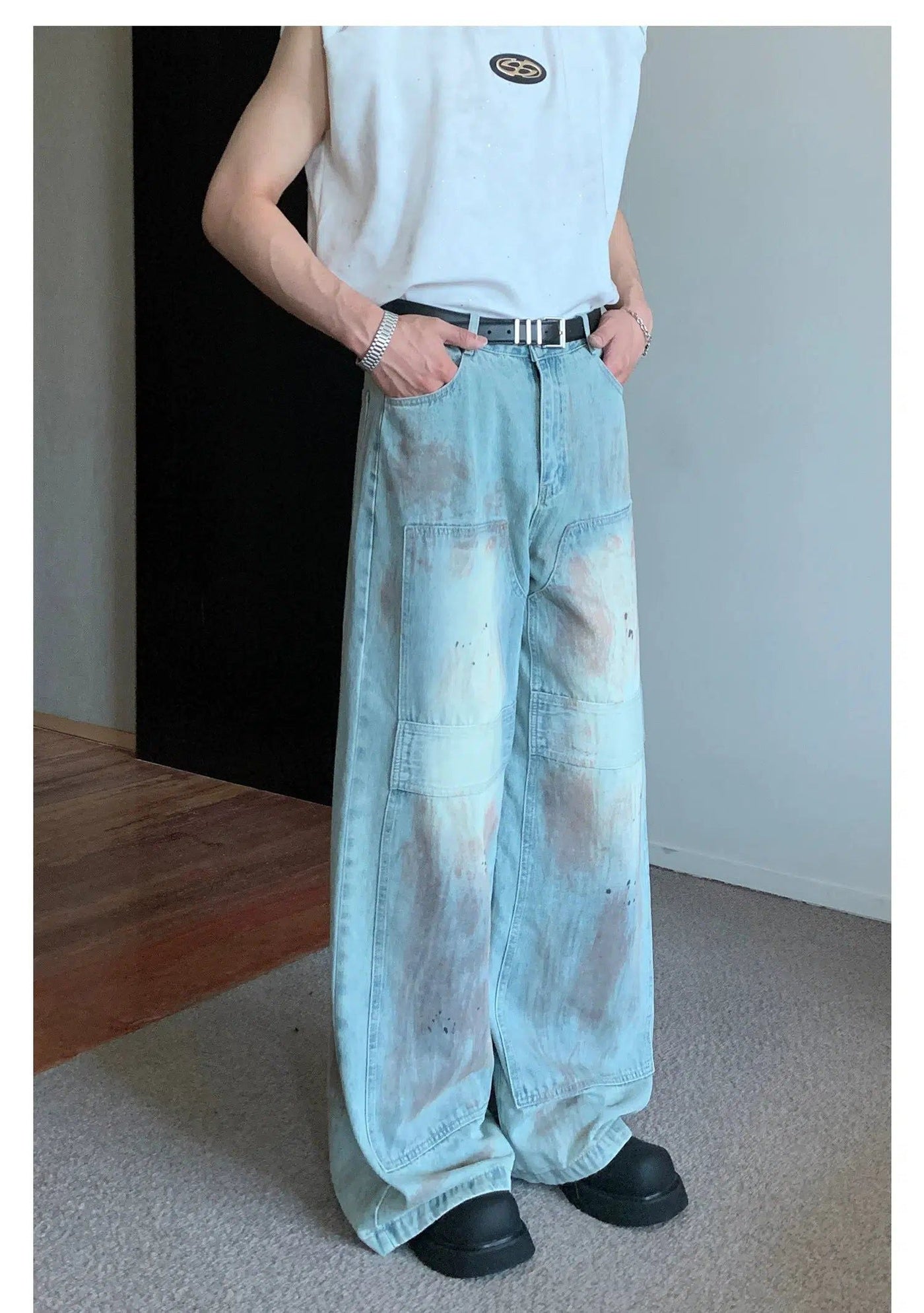 Cui Faded Paint Smudges Wide Jeans-korean-fashion-Jeans-Cui's Closet-OH Garments