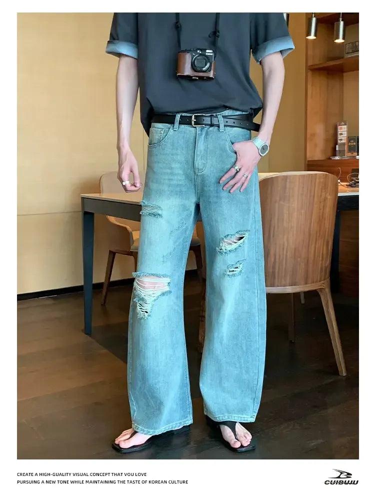 Cui Faded & Ripped Straight Jeans-korean-fashion-Jeans-Cui's Closet-OH Garments