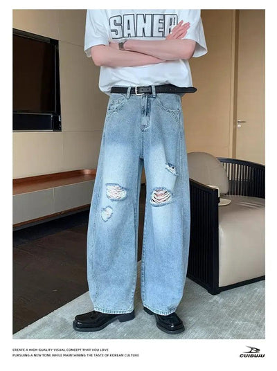 Cui Faded & Ripped Straight Jeans-korean-fashion-Jeans-Cui's Closet-OH Garments