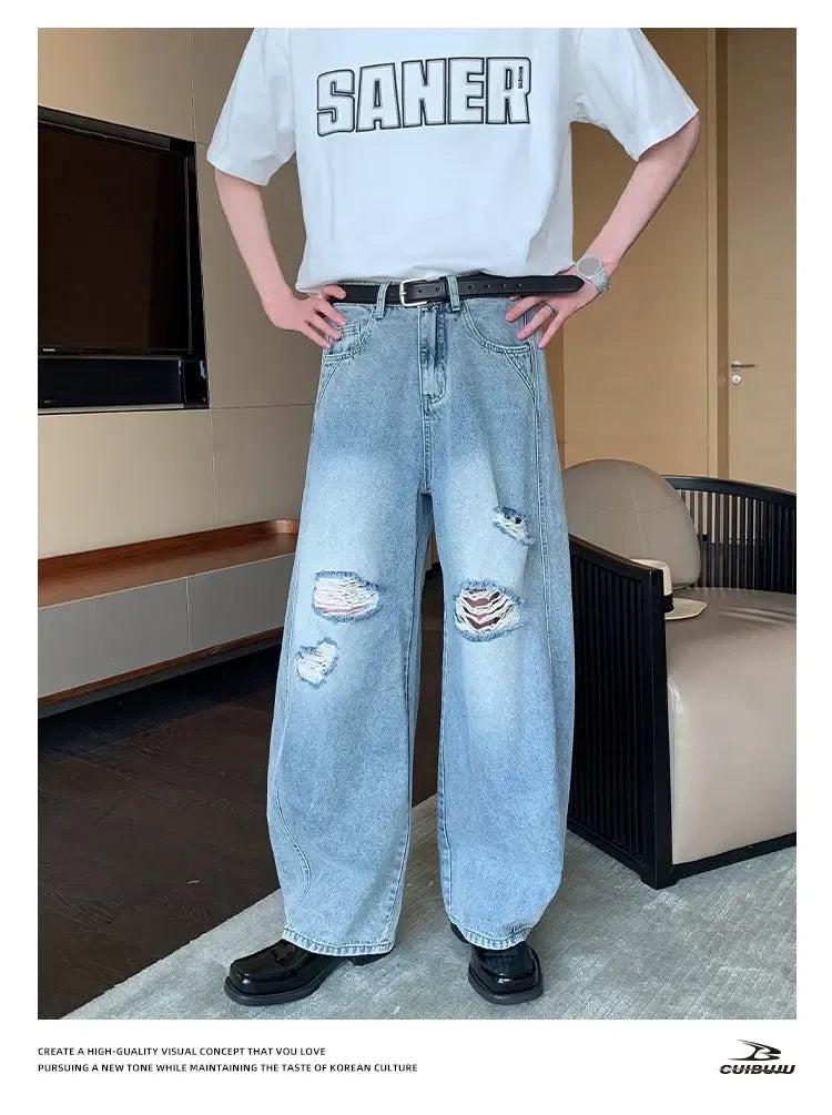 Cui Faded & Ripped Straight Jeans-korean-fashion-Jeans-Cui's Closet-OH Garments