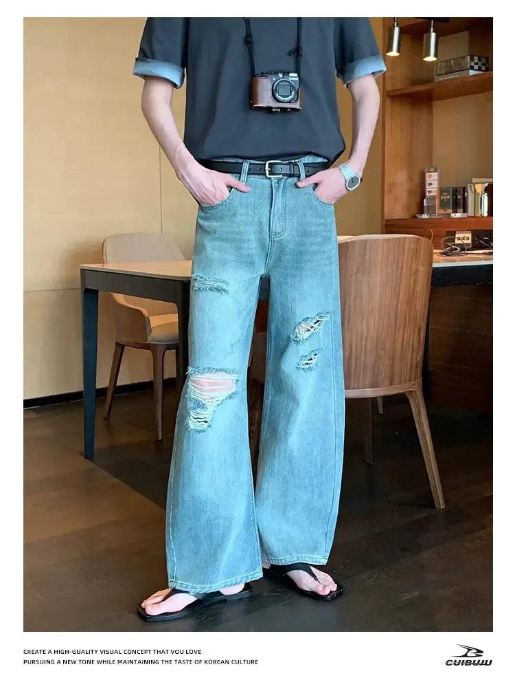 Cui Faded & Ripped Straight Jeans-korean-fashion-Jeans-Cui's Closet-OH Garments