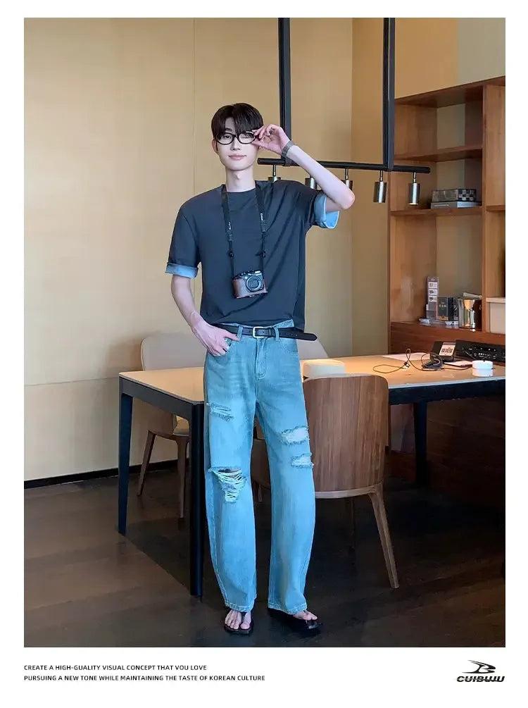 Cui Faded & Ripped Straight Jeans-korean-fashion-Jeans-Cui's Closet-OH Garments