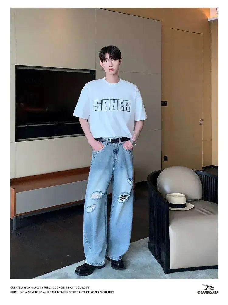 Cui Faded & Ripped Straight Jeans-korean-fashion-Jeans-Cui's Closet-OH Garments
