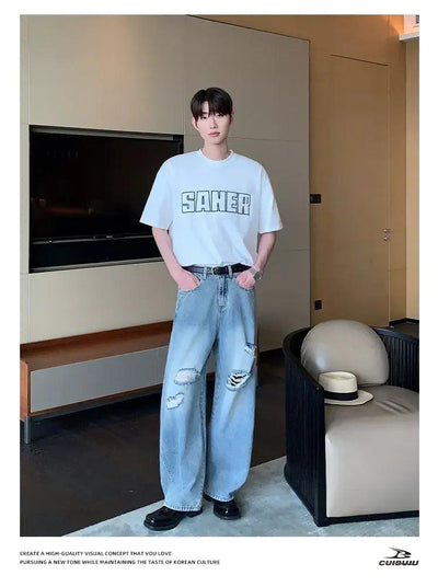 Cui Faded & Ripped Straight Jeans-korean-fashion-Jeans-Cui's Closet-OH Garments
