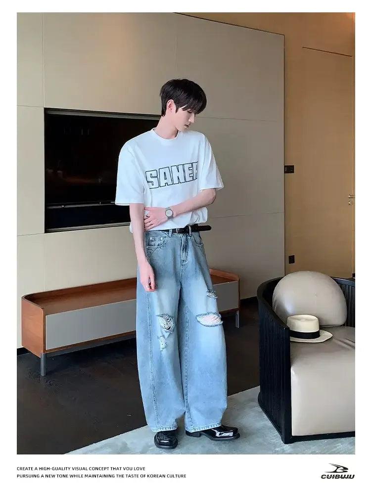 Cui Faded & Ripped Straight Jeans-korean-fashion-Jeans-Cui's Closet-OH Garments