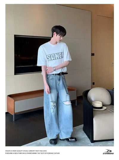 Cui Faded & Ripped Straight Jeans-korean-fashion-Jeans-Cui's Closet-OH Garments