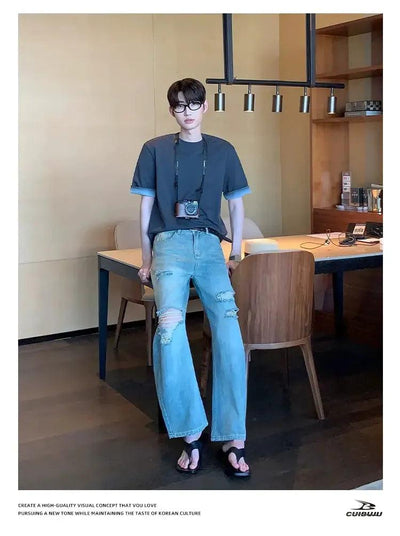 Cui Faded & Ripped Straight Jeans-korean-fashion-Jeans-Cui's Closet-OH Garments