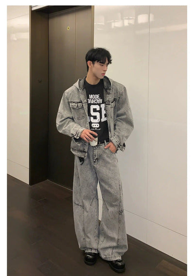 Cui Faded Zip Hooded Denim Jacket & Jeans Set-korean-fashion-Clothing Set-Cui's Closet-OH Garments