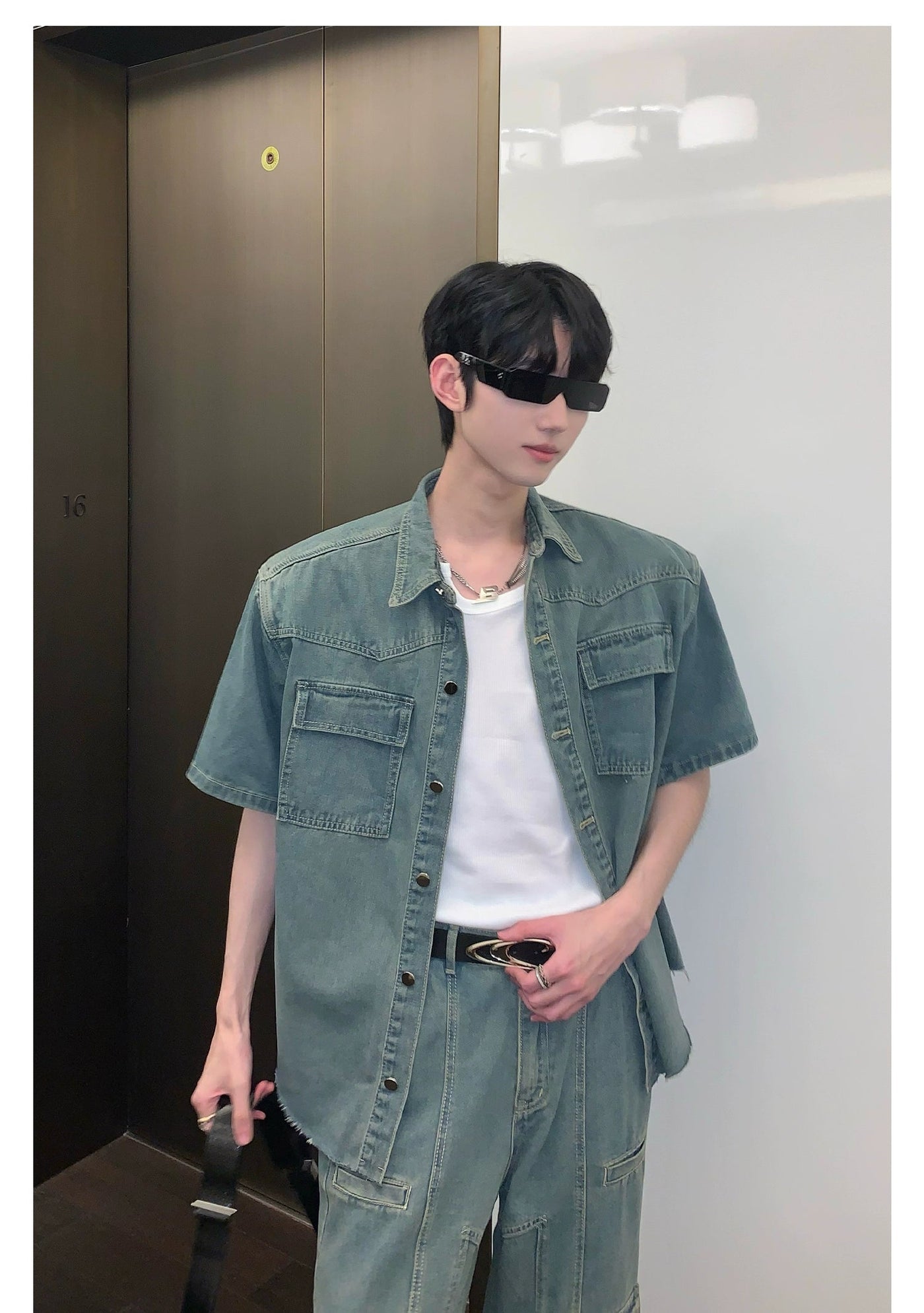 Cui Flap Pockets Denim Shirt & Jeans Set-korean-fashion-Clothing Set-Cui's Closet-OH Garments
