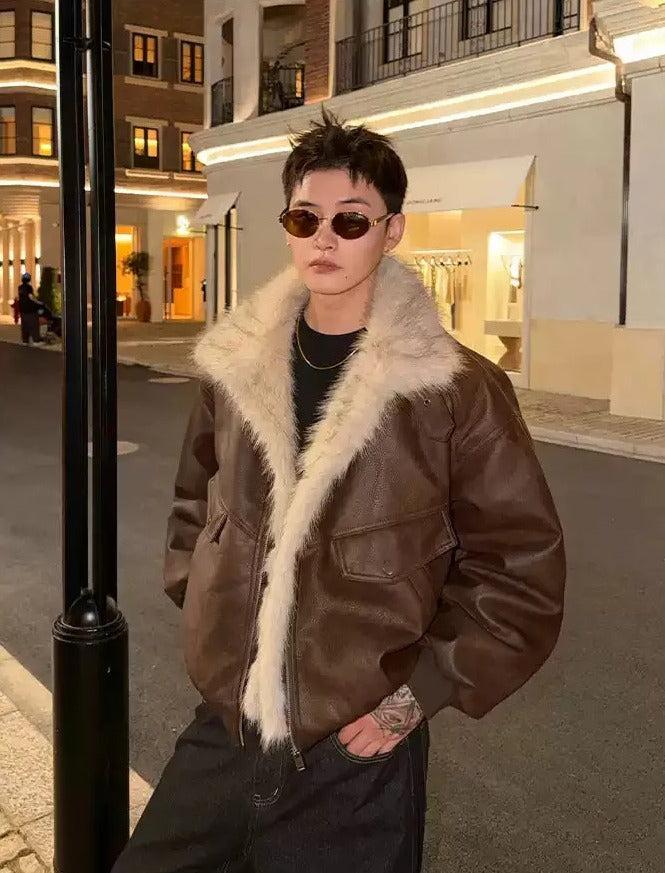 Cui Fur-Trim PU Leather Jacket-korean-fashion-Jacket-Cui's Closet-OH Garments