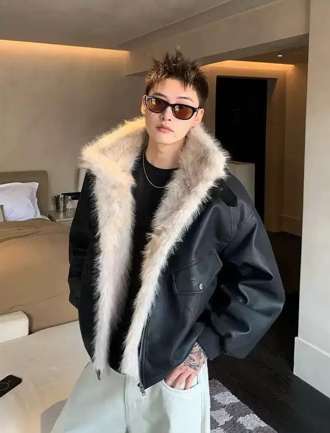 Cui Fur-Trim PU Leather Jacket-korean-fashion-Jacket-Cui's Closet-OH Garments