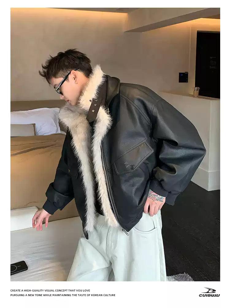 Cui Fur-Trim PU Leather Jacket-korean-fashion-Jacket-Cui's Closet-OH Garments