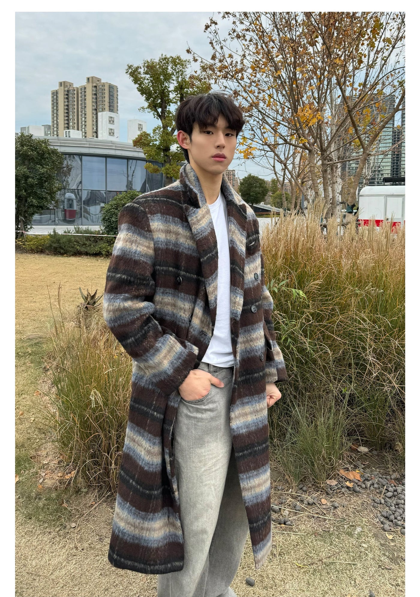 Cui Furry Plaid Contrast Long Coat-korean-fashion-Long Coat-Cui's Closet-OH Garments
