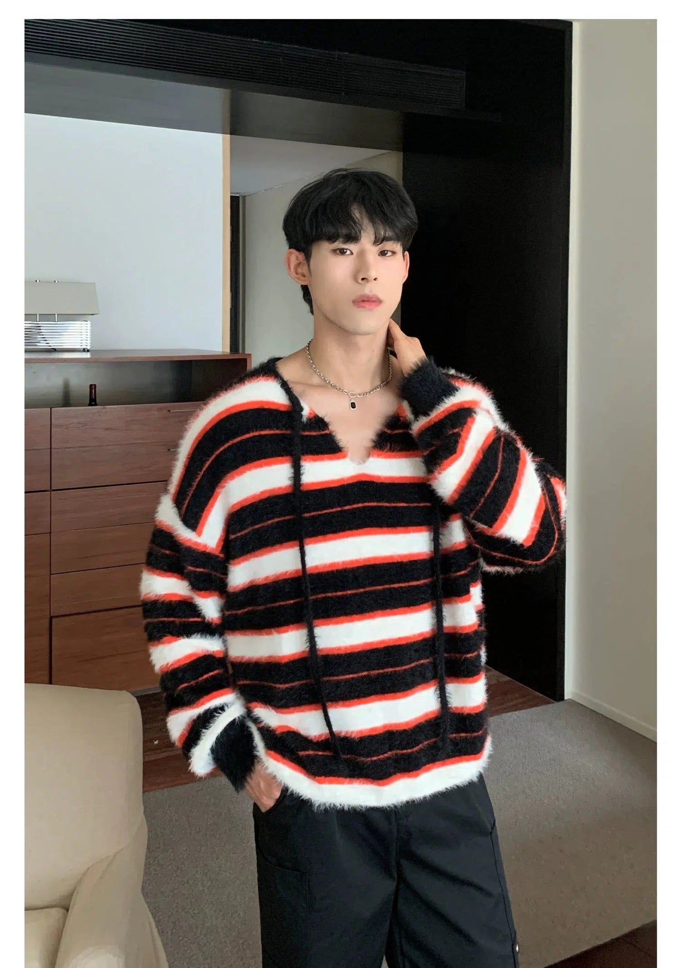 Cui Fuzzy Tri-Color Striped V-Neck Sweater-korean-fashion-Sweater-Cui's Closet-OH Garments