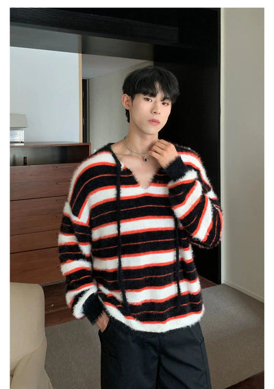 Cui Fuzzy Tri-Color Striped V-Neck Sweater-korean-fashion-Sweater-Cui's Closet-OH Garments