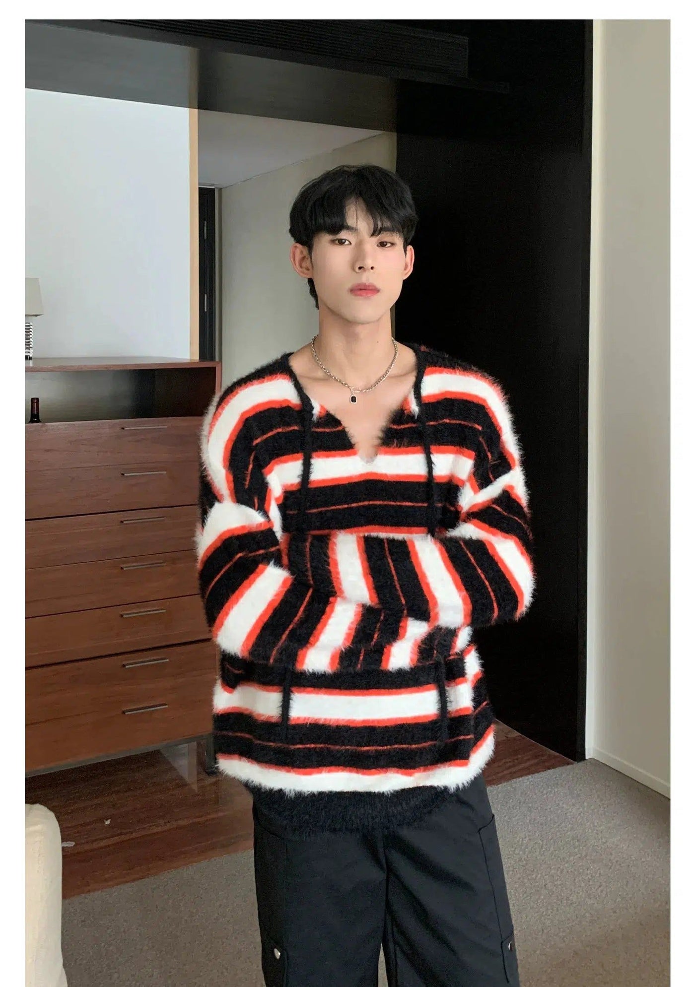 Cui Fuzzy Tri-Color Striped V-Neck Sweater-korean-fashion-Sweater-Cui's Closet-OH Garments