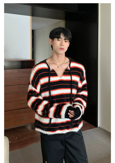 Cui Fuzzy Tri-Color Striped V-Neck Sweater-korean-fashion-Sweater-Cui's Closet-OH Garments