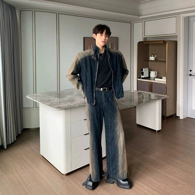 Cui Gradient Faded Buckle Strap Denim Jacket & Straight Jeans Set-korean-fashion-Clothing Set-Cui's Closet-OH Garments