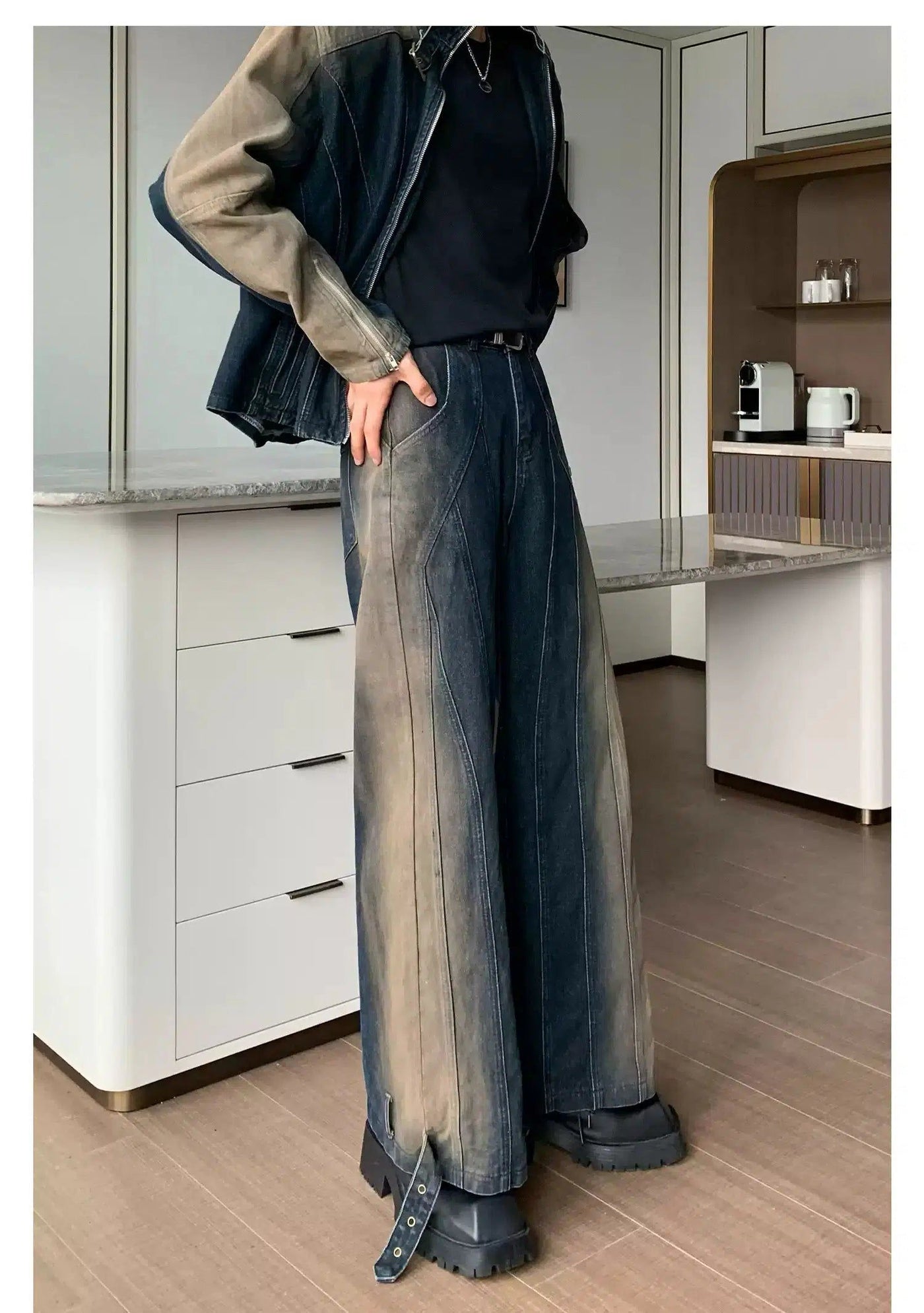 Cui Gradient Faded Buckle Strap Denim Jacket & Straight Jeans Set-korean-fashion-Clothing Set-Cui's Closet-OH Garments