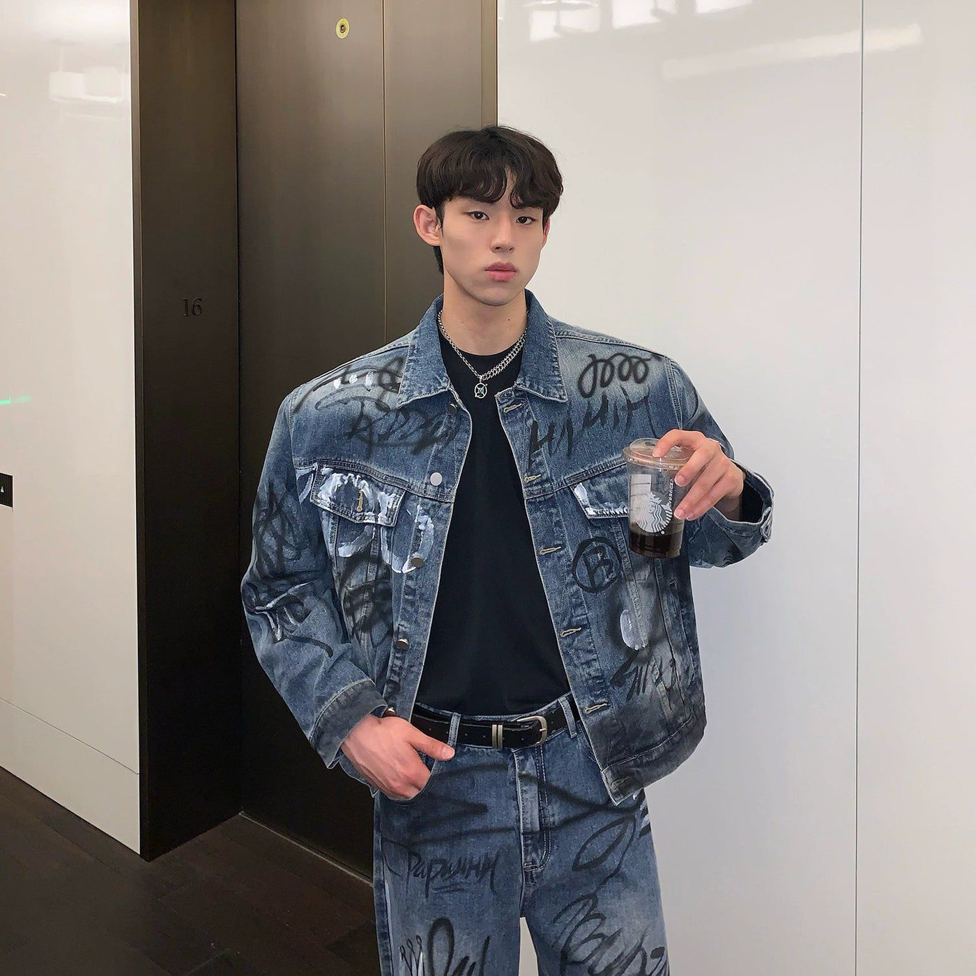Cui Graffiti Buttoned Denim Jacket & Jeans Set-korean-fashion-Clothing Set-Cui's Closet-OH Garments