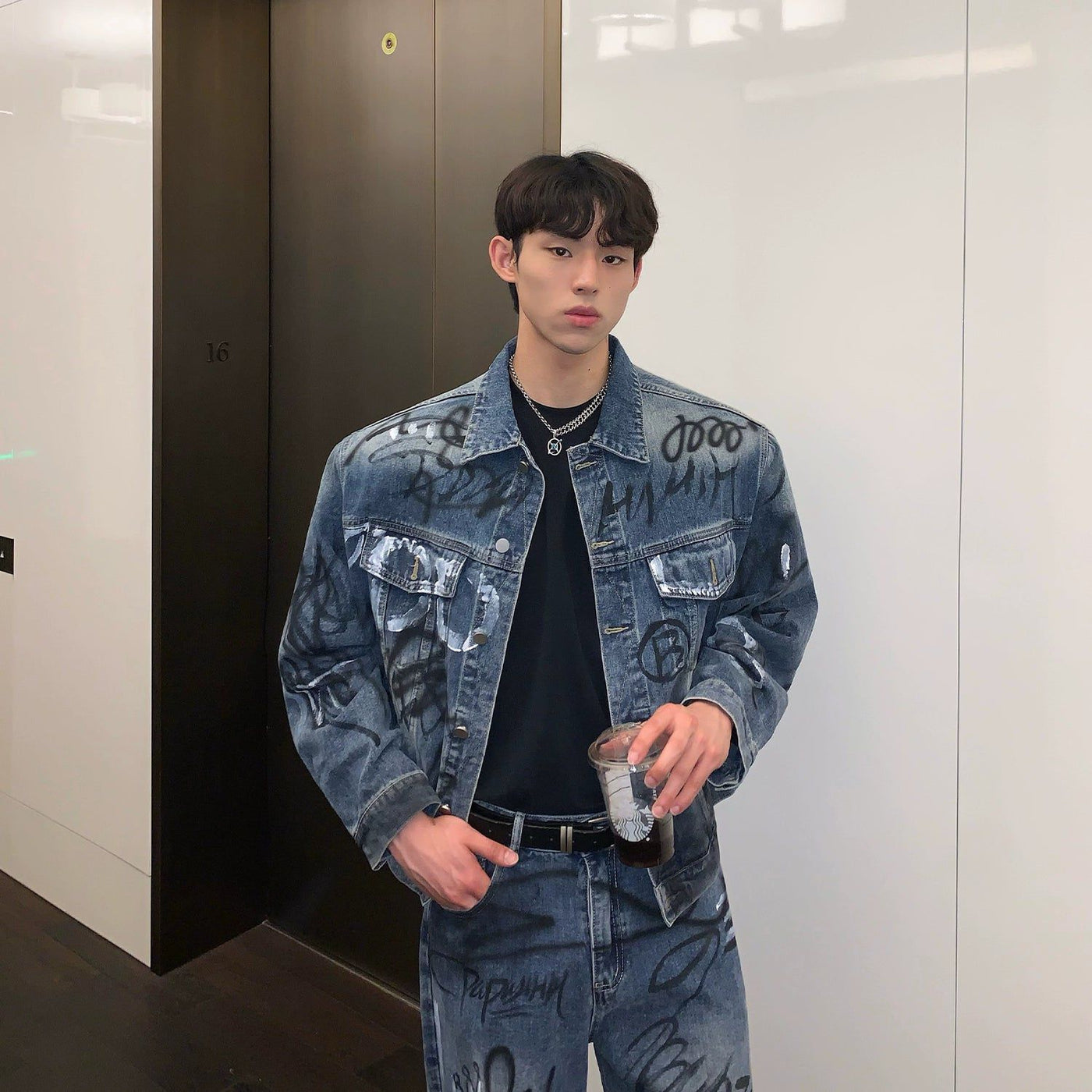 Cui Graffiti Buttoned Denim Jacket & Jeans Set-korean-fashion-Clothing Set-Cui's Closet-OH Garments