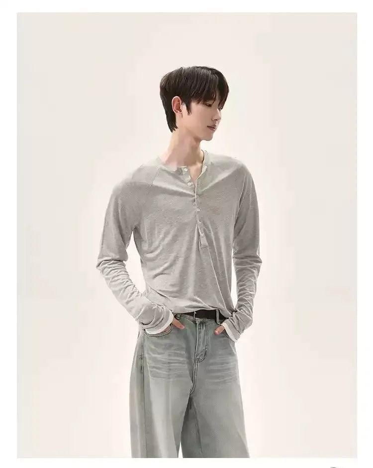 Cui Half-Buttoned Slim Fit Long Sleeve T-Shirt-korean-fashion-T-Shirt-Cui's Closet-OH Garments