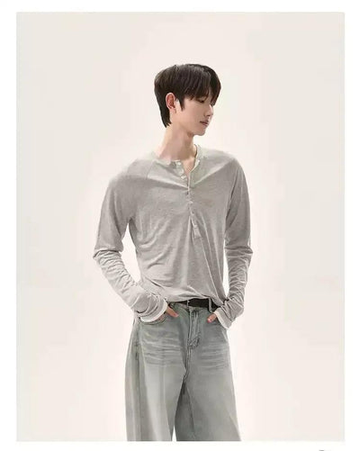 Cui Half-Buttoned Slim Fit Long Sleeve T-Shirt-korean-fashion-T-Shirt-Cui's Closet-OH Garments