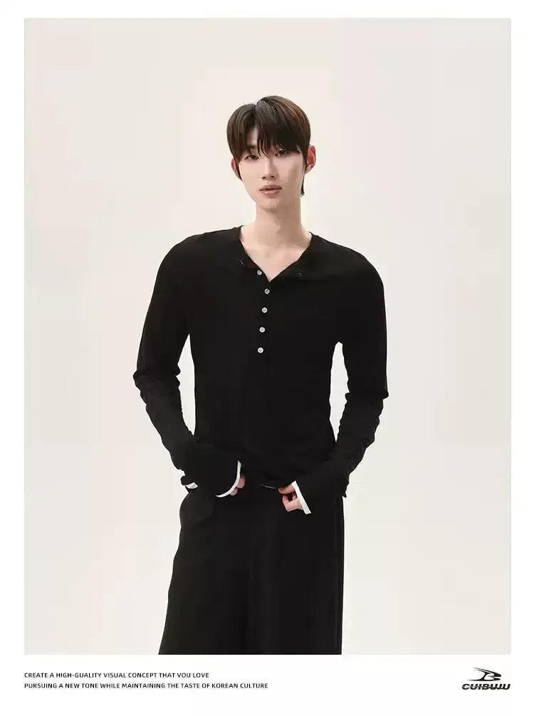 Cui Half-Buttoned Slim Fit Long Sleeve T-Shirt-korean-fashion-T-Shirt-Cui's Closet-OH Garments